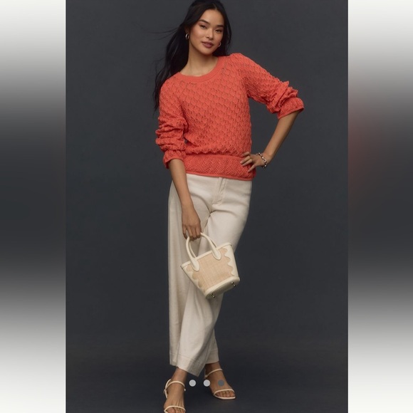 Anthropologie Sweater Flounce-Hem Pointelle Pullover Ruffle Tangerine Large NWT - Picture 3 of 12